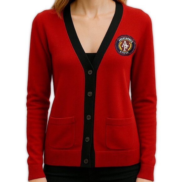 Abercrombie Cardigan Sweater Red V Neck Logo Patch Preppy Knit Small - Picture 1 of 11